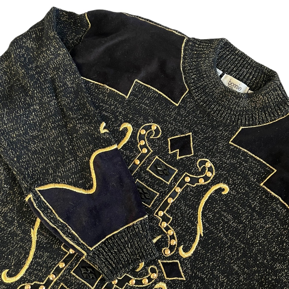 Vtg Bonnie and Bill By Holly Black Gold Glitter Sweater Womens M‎ Embellished